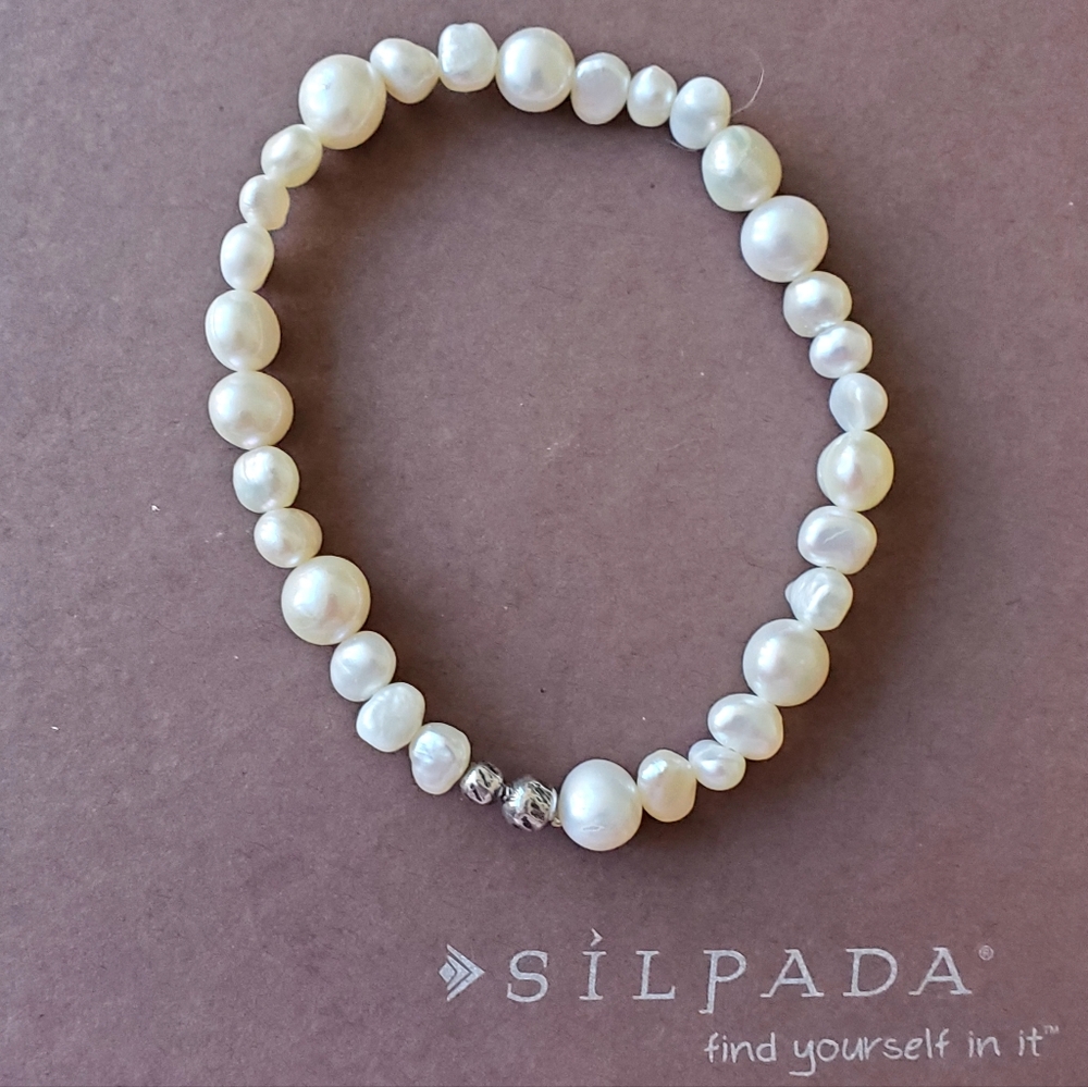 Silpada Sterling Silver Freshwater Pearl "Goddess" Stretch Bracelet B1601